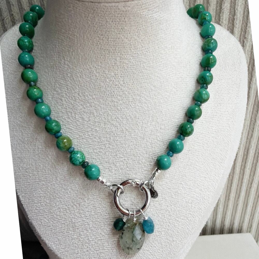 19" Beaded Gemstone Necklace, Green Turquoise Mangasite, Apetite, Moss Agate